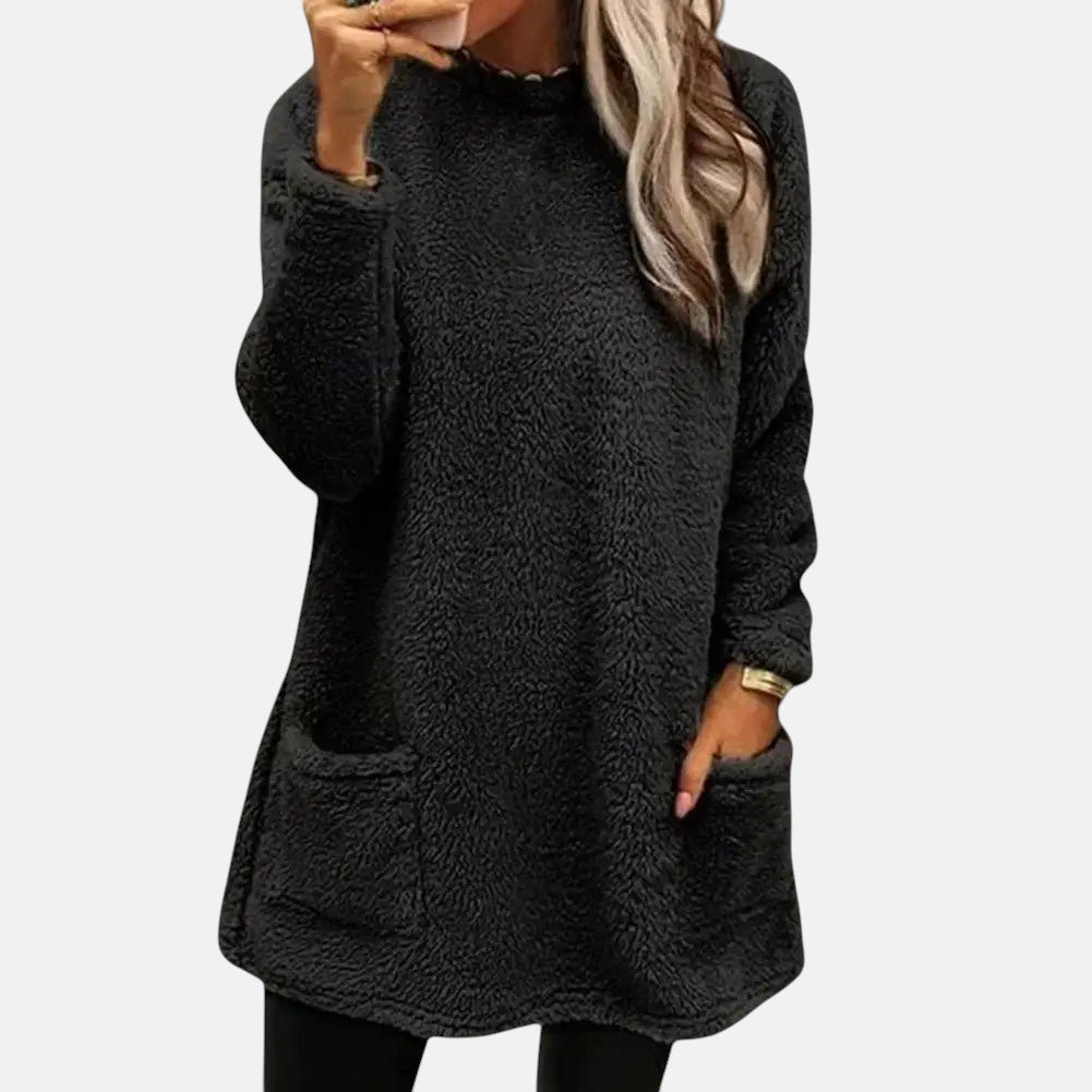 Round Neck Long Sleeve Pocket Fleece Tunic Top