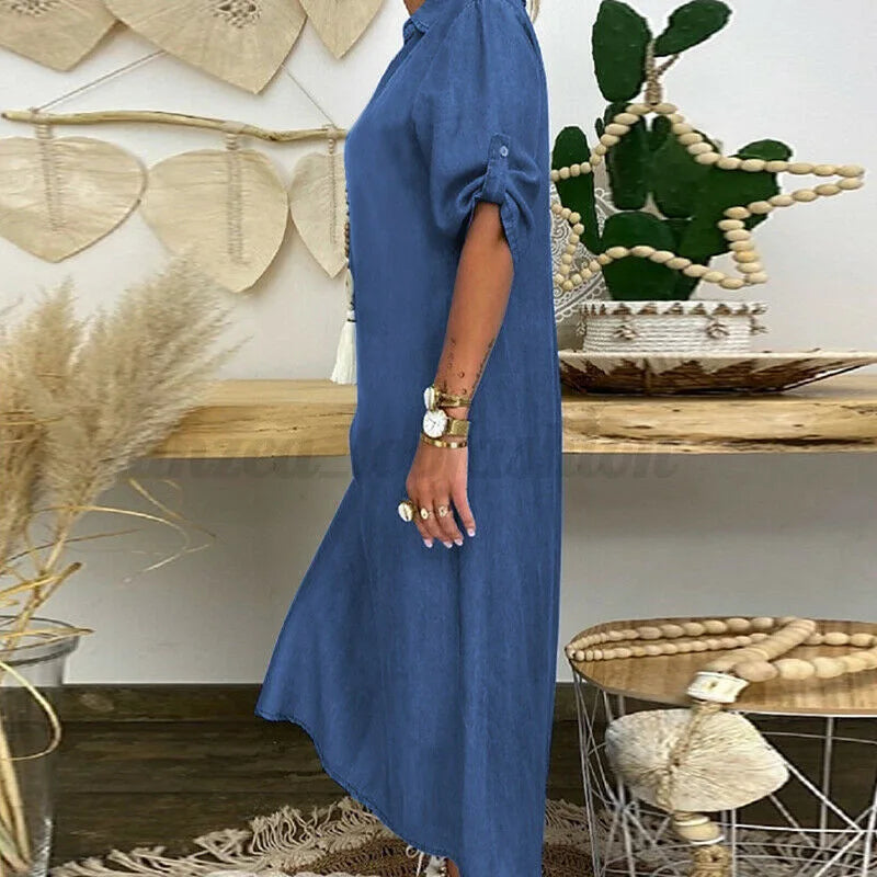 Collared Roll Sleeve Denim Shirt Maxi Dress 2