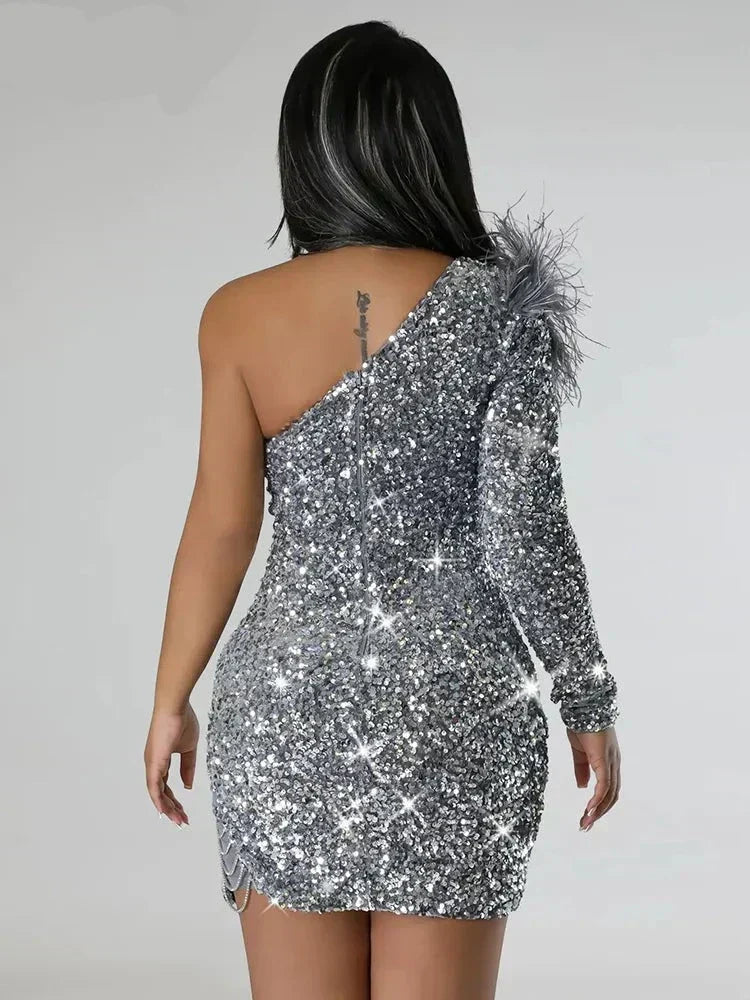 Sequin One Shoulder Feather Trim Chain Detail Mini Cocktail Dress