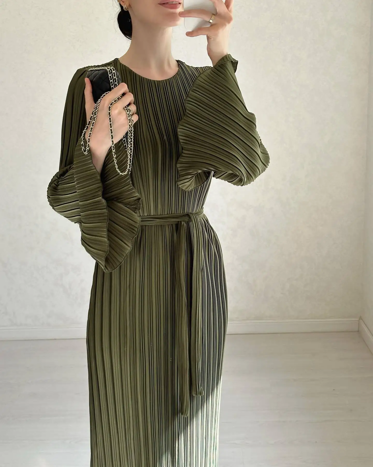 Plissé Pleated Long Sleeve Ruffle Cuff High Neck Bodycon Maxi Dress - View 3
