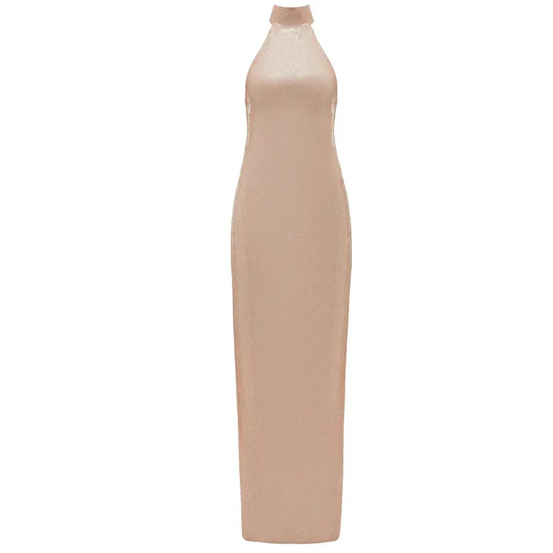 Sequin Halter Neck Bodycon High Split Maxi Dress - View 15