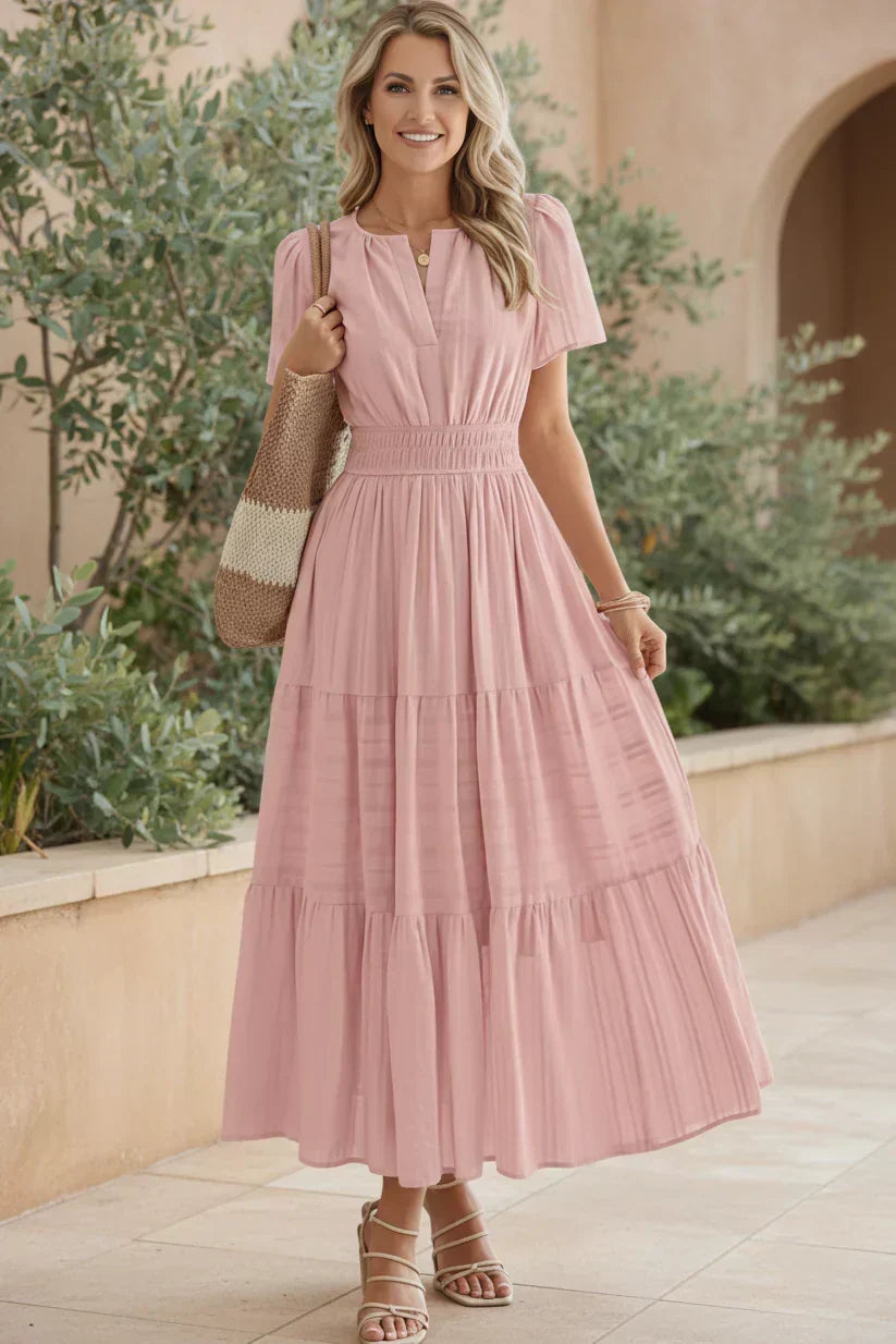 Split Neck Short Sleeve Smocked Waist Tiered Maxi Dress 2