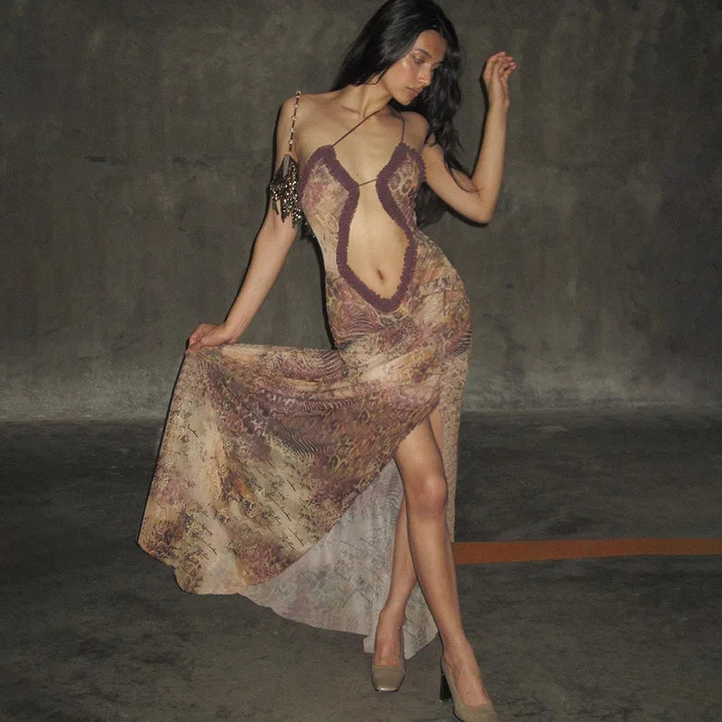 Hollow Out Printed Patchwork Lace-up Slip Dress - View 3