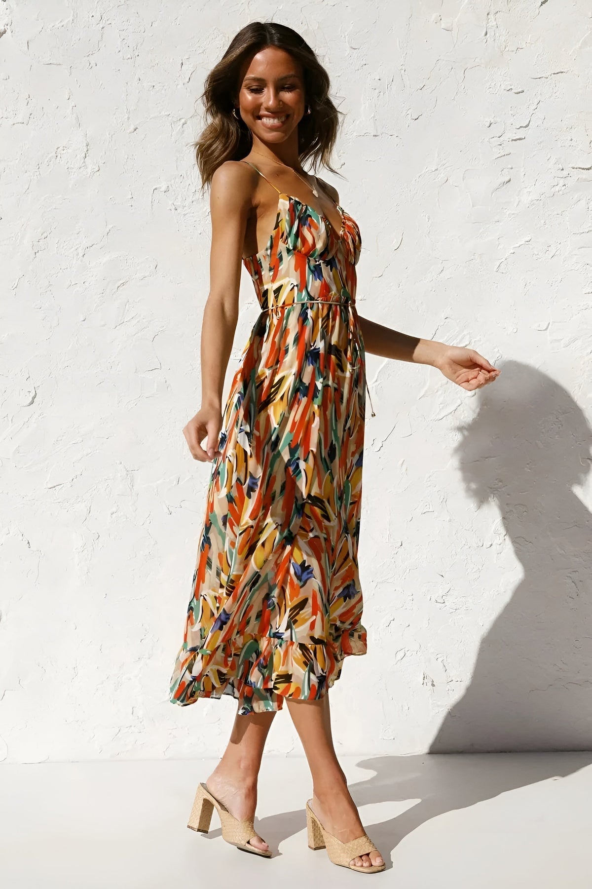 Abstract Print V-Neck Spaghetti Strap Tiered Midi Dress 3