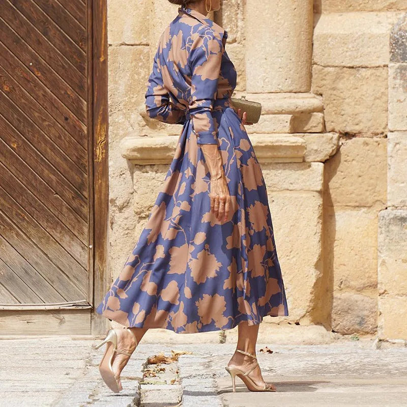 Leaf Print Collared Long Sleeve Button Front Maxi Shirt Dress 3