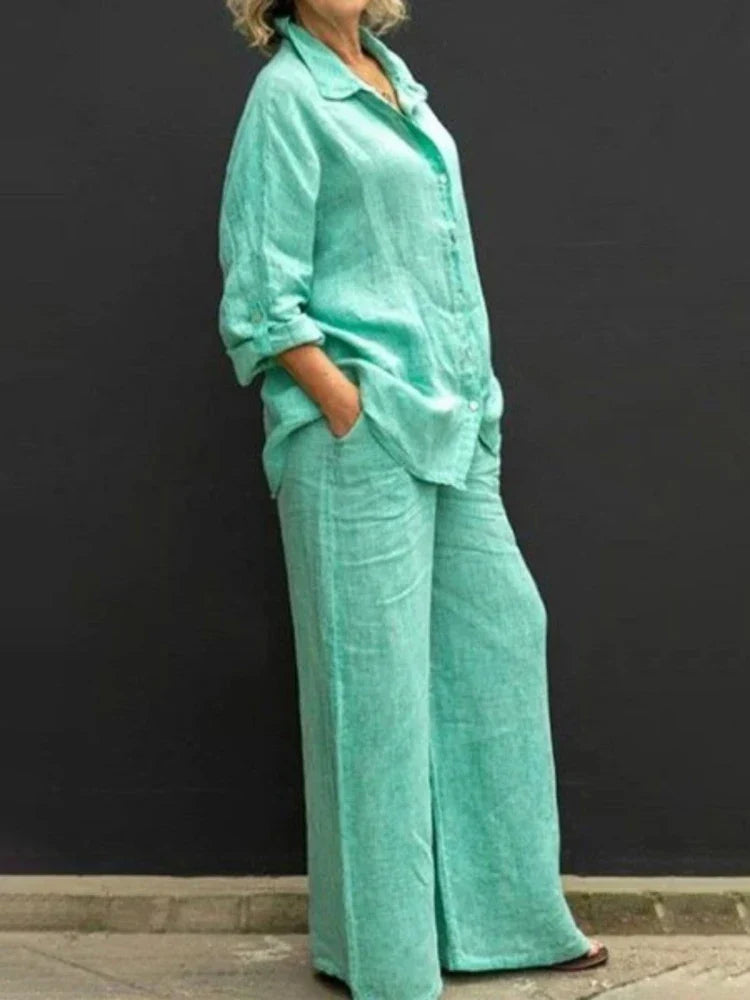 Long Sleeve Button Front Shirt and Wide Leg Pants Two Piece Set 3