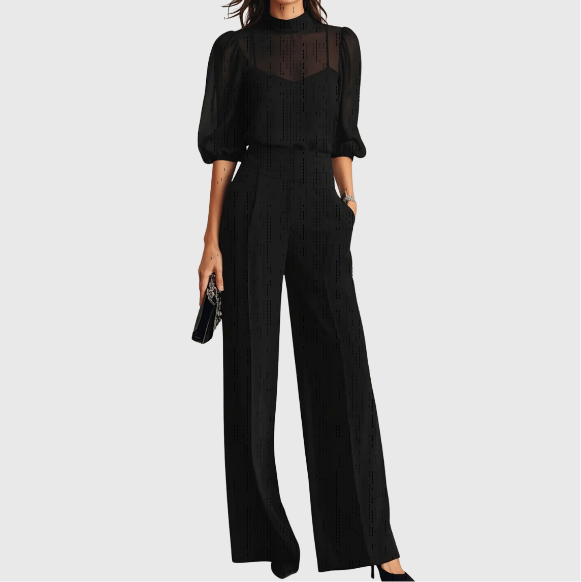 Sheer Puff Sleeve Mock Neck Top and Wide Leg Pants Two Piece Set