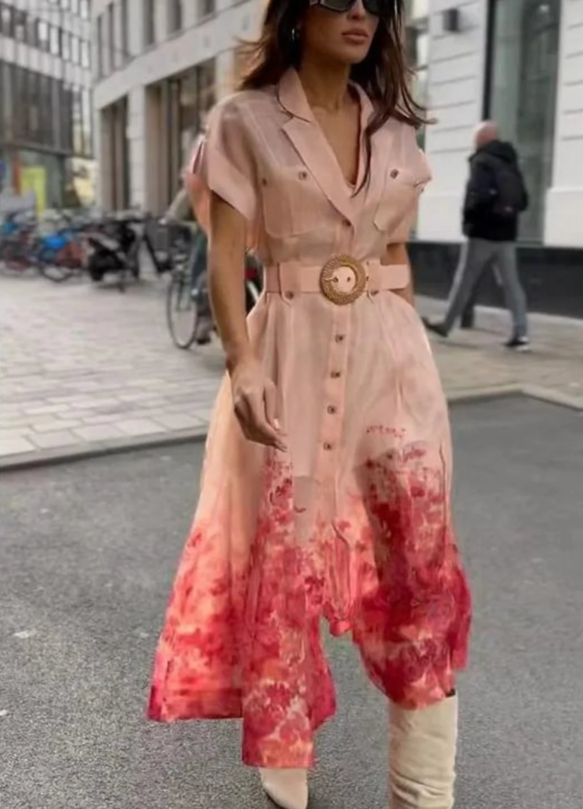 Floral Collared Short Sleeve Belted A-Line Midi Dress - View 5