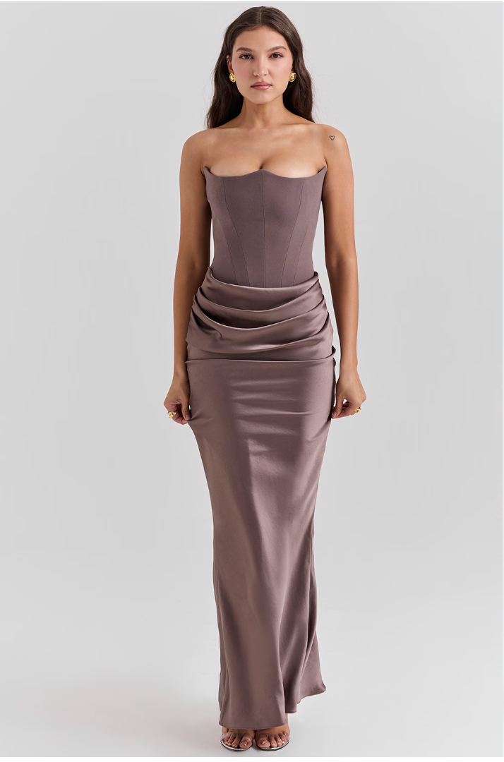 Satin Strapless Corset Ruched Waist Mermaid Maxi Dress - View 5