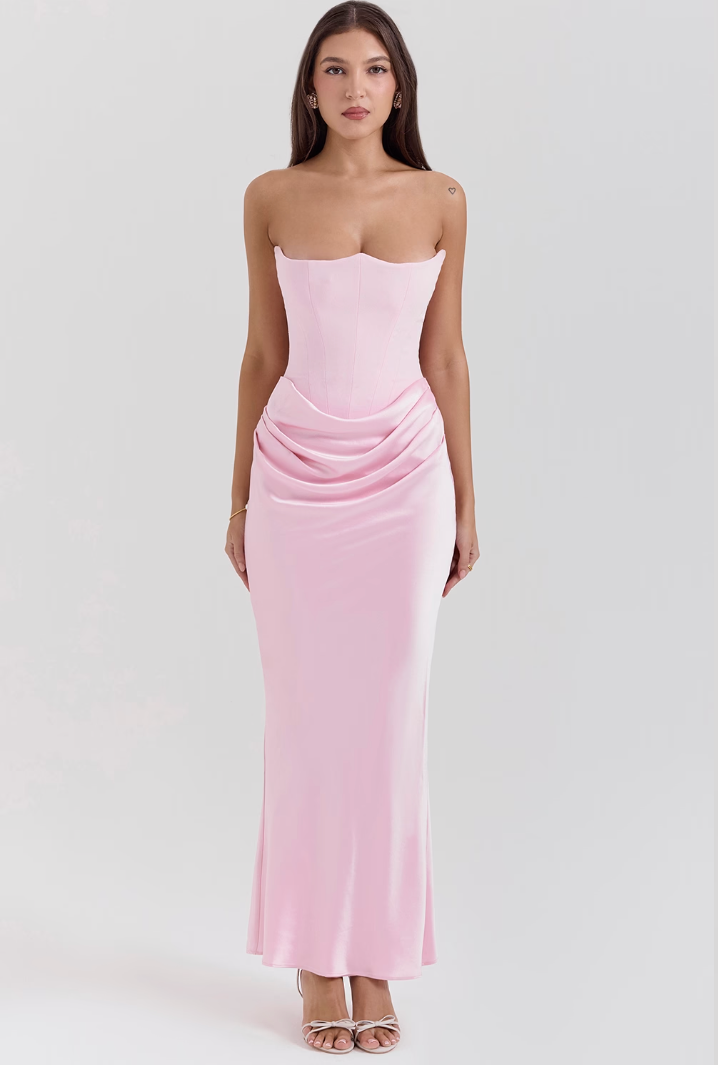 Satin Strapless Corset Ruched Waist Mermaid Maxi Dress - View 11