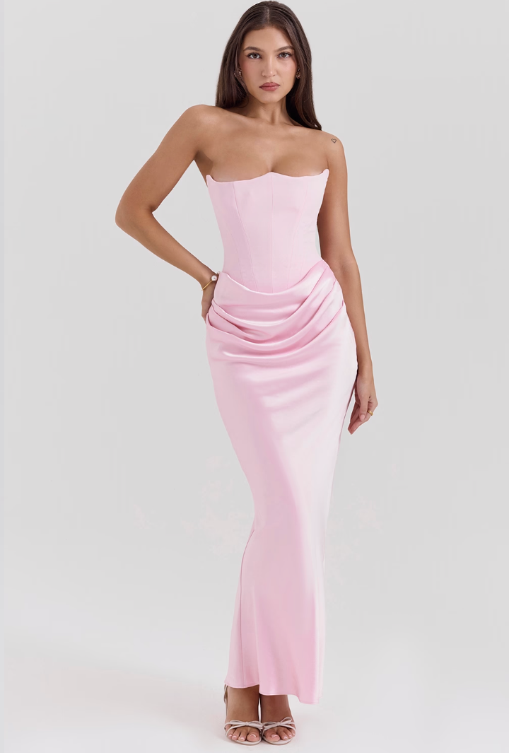 Satin Strapless Corset Ruched Waist Mermaid Maxi Dress - View 4