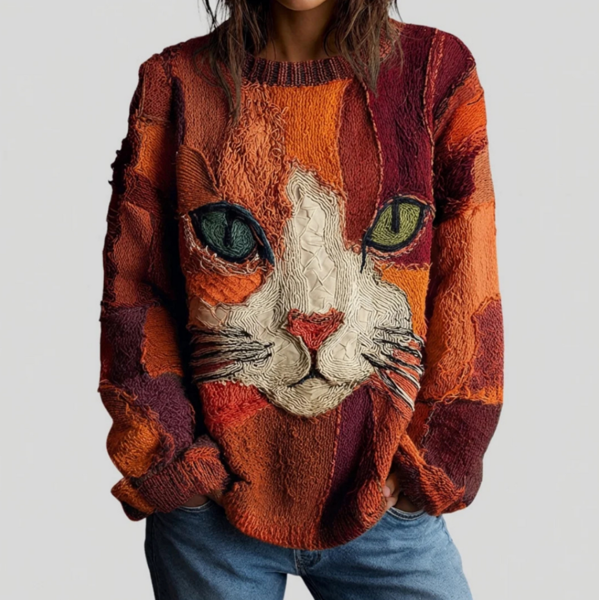 Crew Neck Long Sleeve Cat Face Print Knit Sweater 4