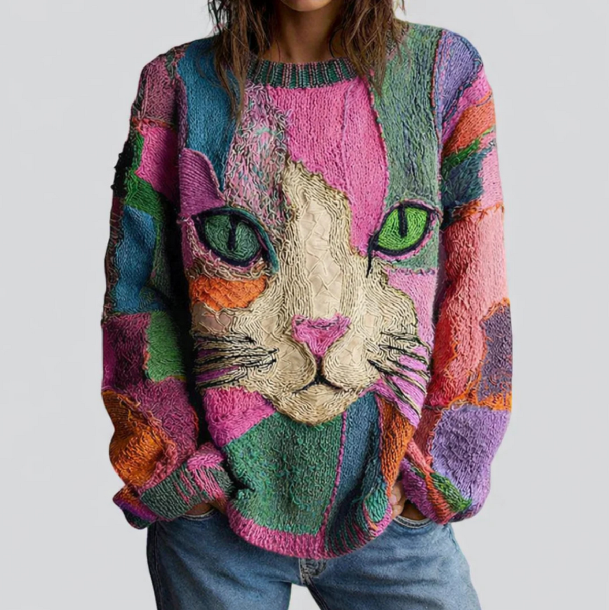 Cat Face Patchwork Crew Neck Knit Sweater