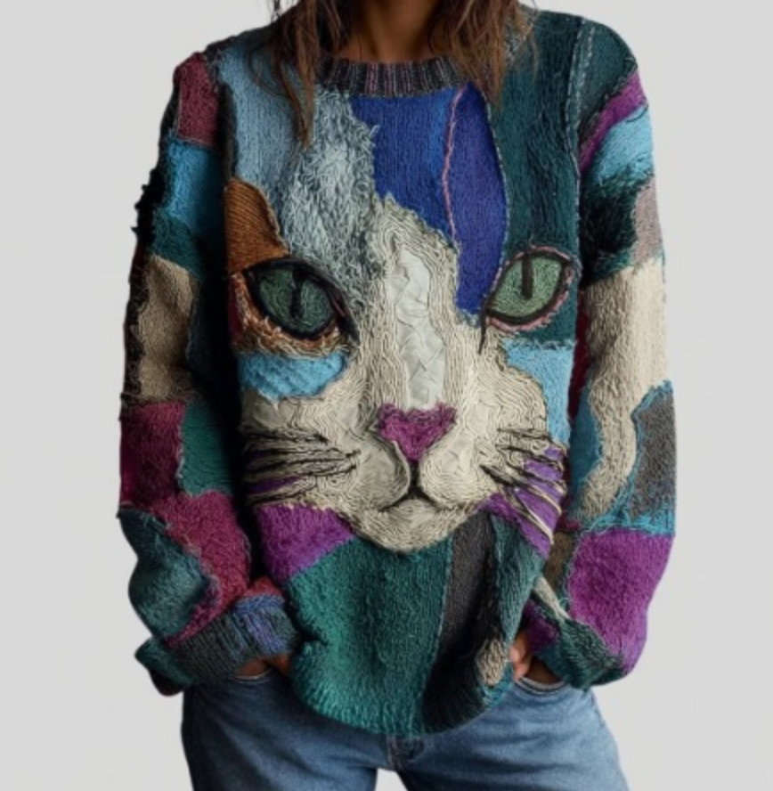 Crew Neck Long Sleeve Cat Face Print Knit Sweater 2