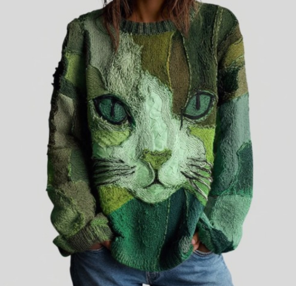 Crew Neck Long Sleeve Cat Print Knit Sweater 3