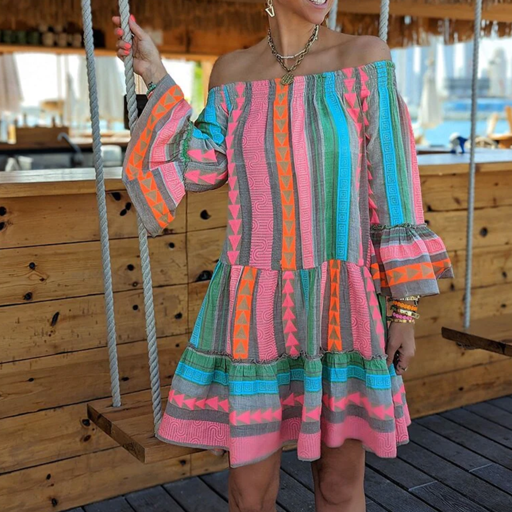 Off Shoulder Smocked Bell Sleeve Tiered Ruffle Mini Dress - View 2