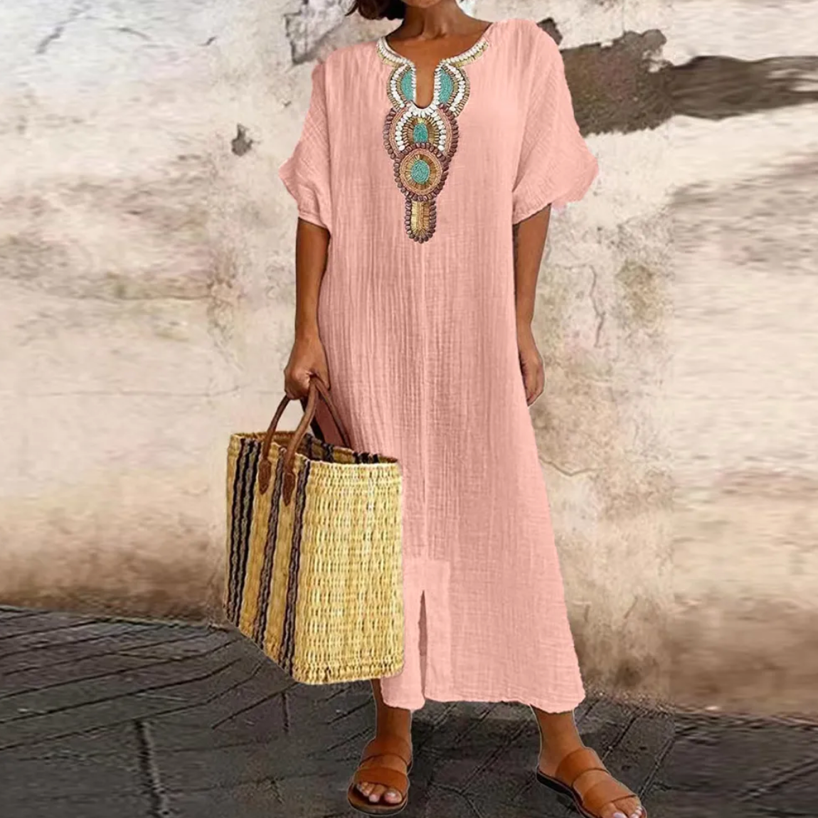 Embroidered Medallion V-Neck Short Sleeve Kaftan Maxi Dress - View 2