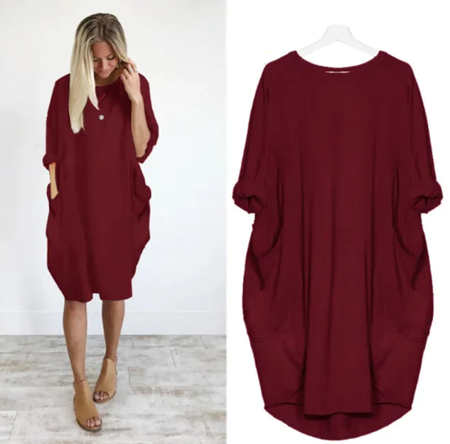 Oversized Round Neck Dropped Shoulder Patch Pocket Cocoon Dress - View 14