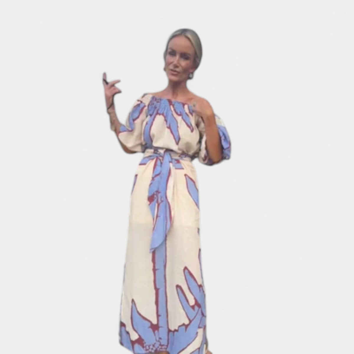 Leaf Print Off Shoulder Puff Sleeve Belted Maxi Dress 10