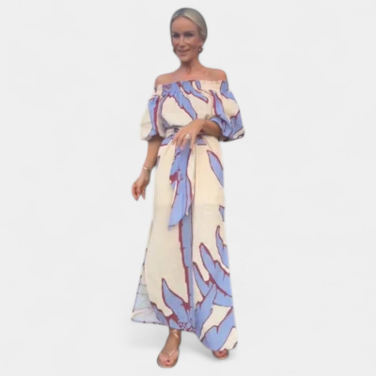 Leaf Print Off Shoulder Puff Sleeve Belted Maxi Dress 4