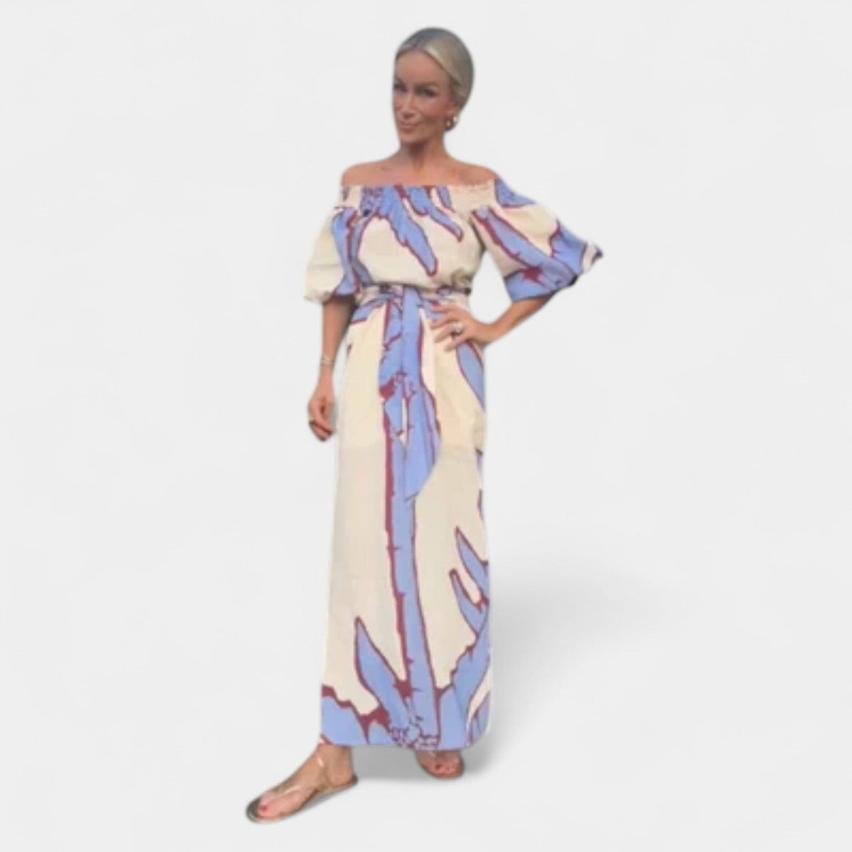 Leaf Print Off Shoulder Puff Sleeve Belted Maxi Dress 5