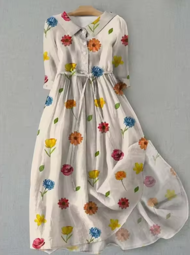 Scattered Floral Collared Half Sleeve Tie Waist Midi Shirt Dress