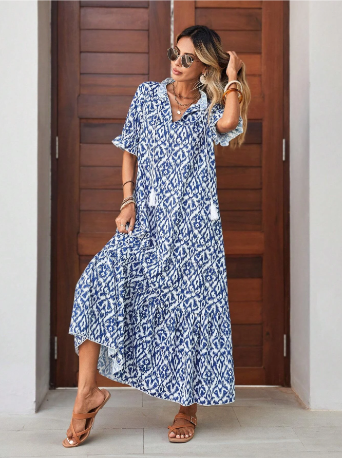 Ikat Print Collared Short Sleeve Tiered Maxi Dress