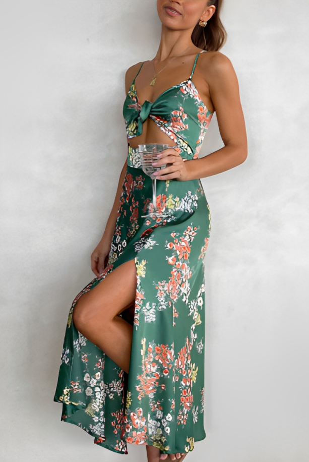 Floral Print Tie Front Cut Out Spaghetti Strap High Split Maxi Dress - View 5