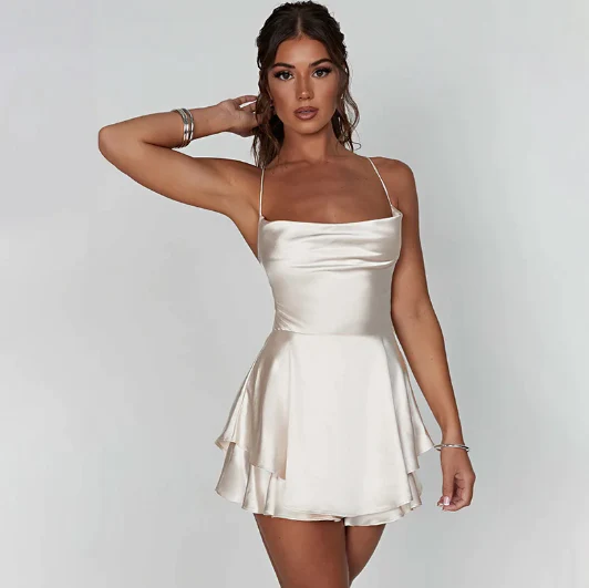 Satin Cowl Neck Spaghetti Strap Tiered Ruffle Fit and Flare Mini Dress - View 2