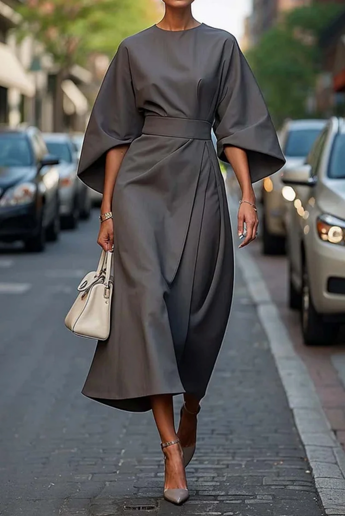 Round Neck Batwing Sleeve Belted Wrap Midi Dress 5