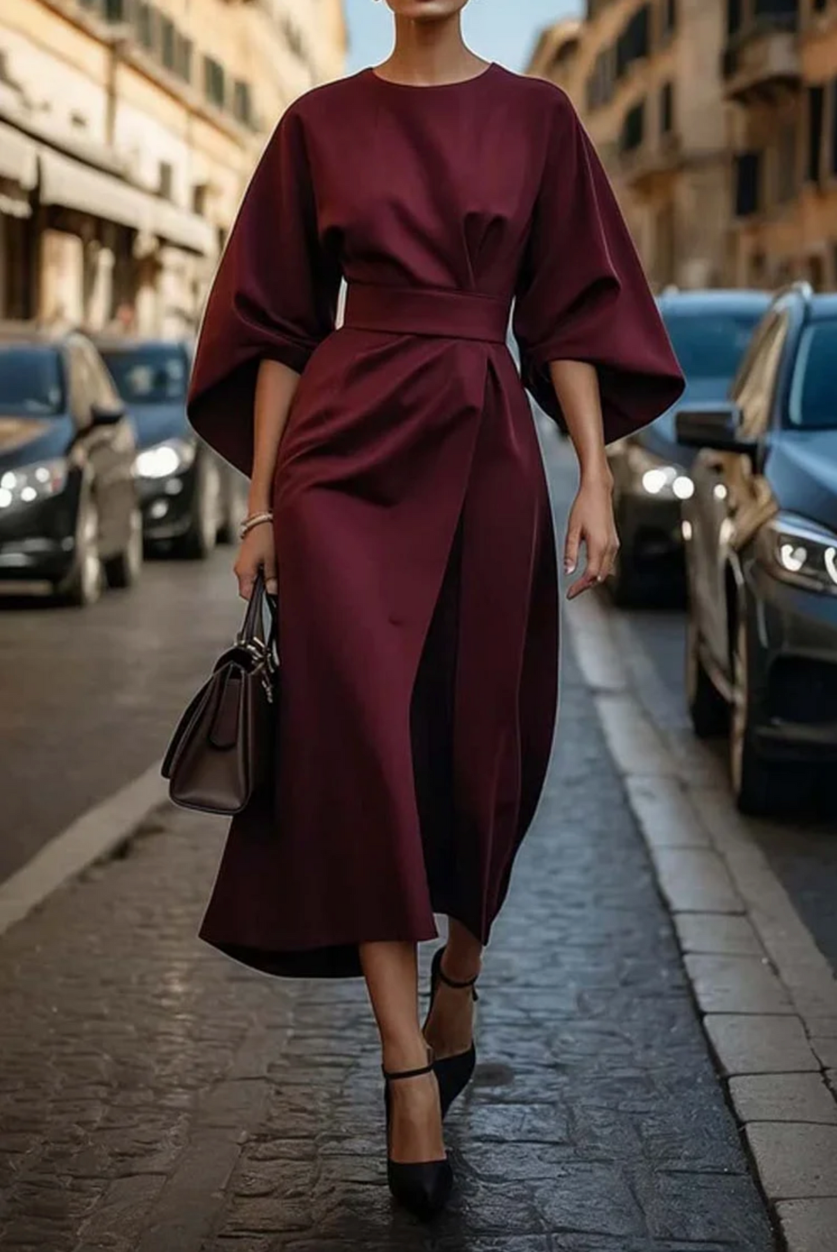 Round Neck Batwing Sleeve Belted Wrap Midi Dress 6