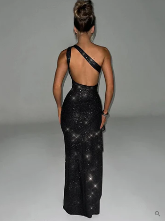 Sequin One Shoulder Backless Bodycon Floor Length Formal Gown