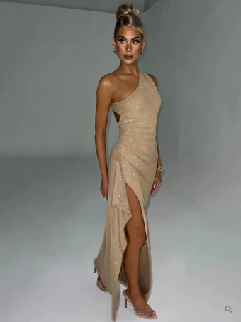 Sequin One Shoulder Open Back Diagonal Strap Bodycon Floor Length Gown - View 4