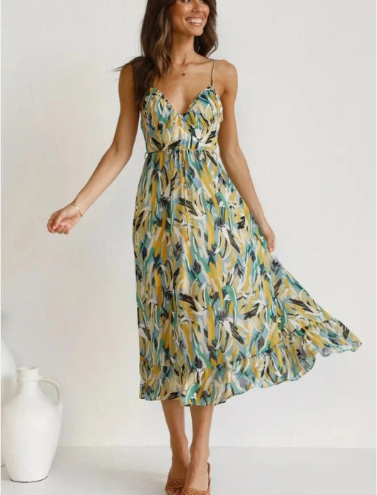 Spaghetti Strap Deep V-Neck Surplice Ruched Abstract Print Dress - View 15