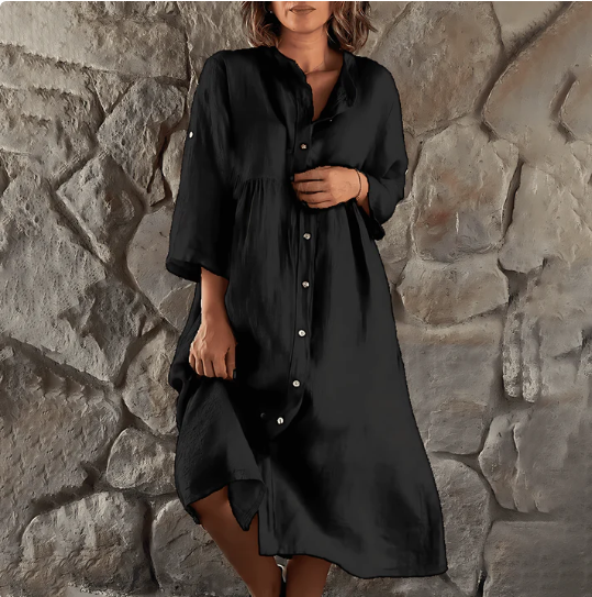 Button Down Roll Tab Sleeve Empire Waist Linen Look Summer Midi Dress - View 2