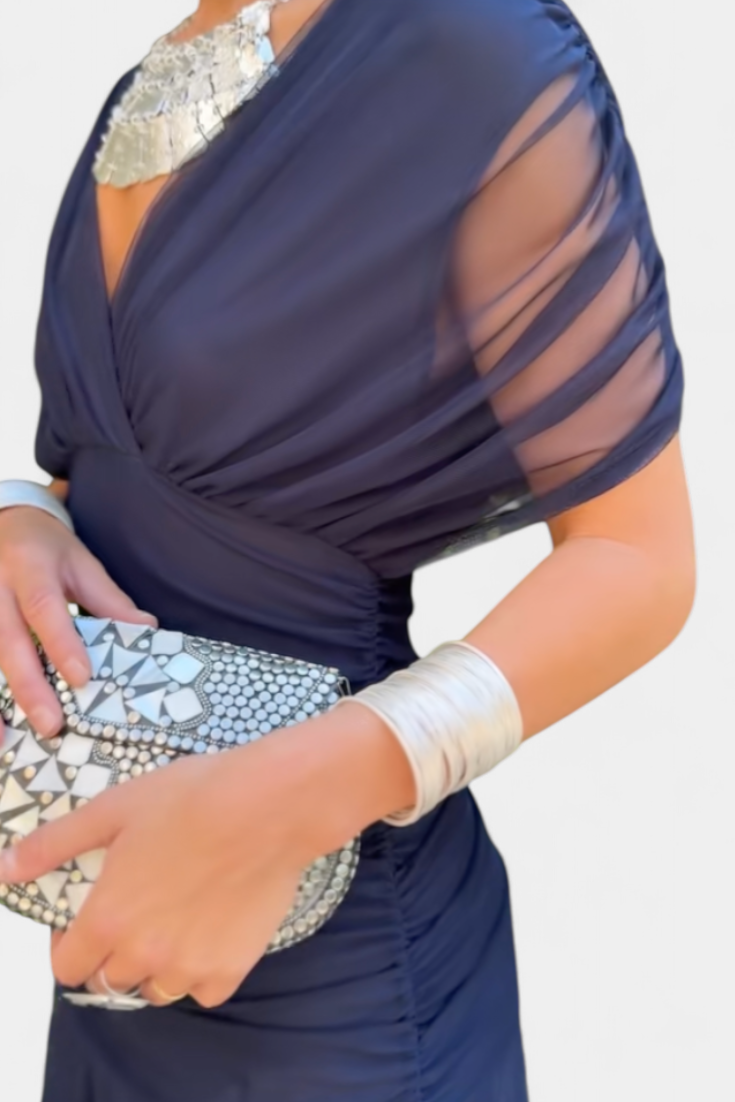 Off Shoulder Cross Front Ruched Mesh Maxi Dress 17