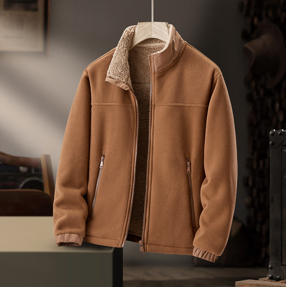 Sherpa Lined Stand Collar Zip Front Fleece Jacket