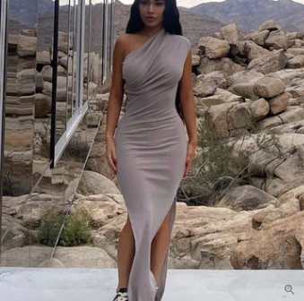 Ribbed Knit One Shoulder Asymmetrical Neck Bodycon Maxi Dress - View 3