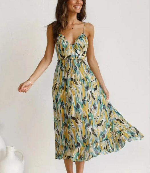 Spaghetti Strap Deep V-Neck Surplice Ruched Abstract Print Dress - View 13