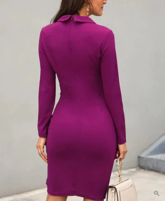 Long Sleeve Collared Back Zip Bodycon Knee Length Cocktail Dress - View 2
