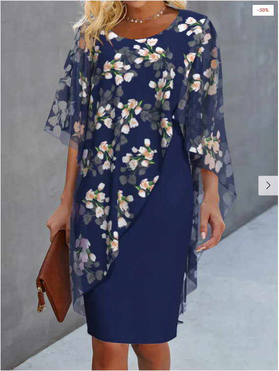 Floral Round Neck Chiffon Cape Sheath Midi Dress - View 4