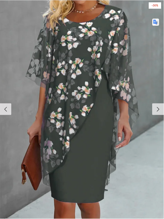 Floral Round Neck Chiffon Cape Sheath Midi Dress - View 2