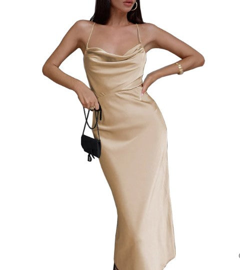 Spaghetti Strap Cowl Neck Satin Slip Bodycon Maxi Dress - View 7