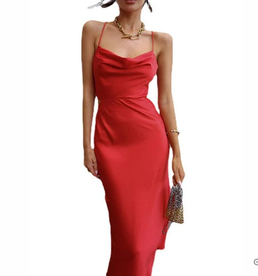 Spaghetti Strap Cowl Neck Side Cut Out Satin Maxi Cocktail Dress - View 6
