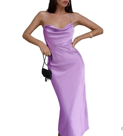 Spaghetti Strap Cowl Neck Side Cut Out Satin Maxi Cocktail Dress - View 5