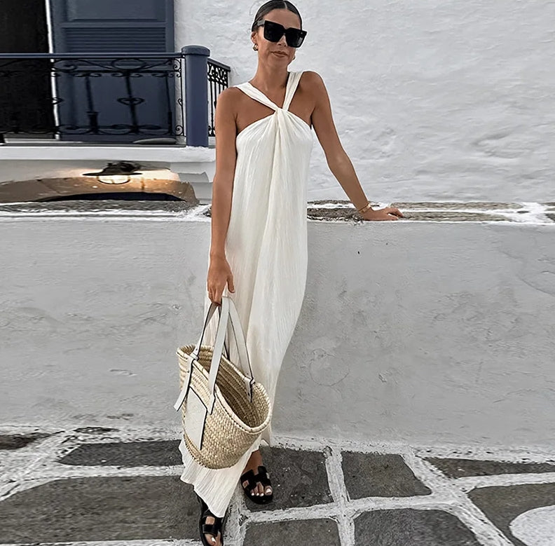 Crinkle Textured Halter Neck Twist Front Sleeveless Flowy Maxi Dress - View 2