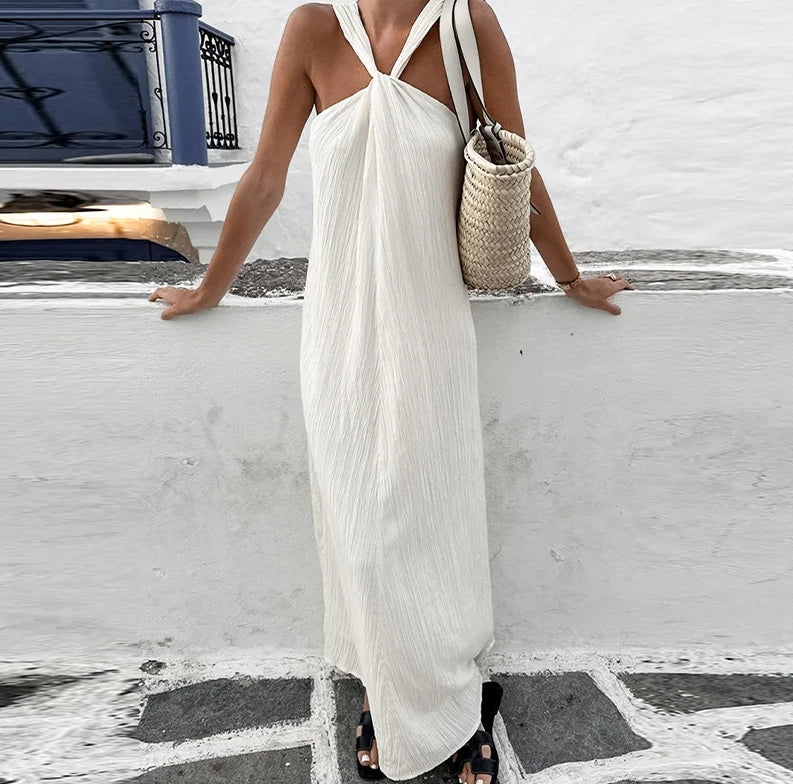 Crinkle Textured Halter Neck Twist Front Sleeveless Flowy Maxi Dress - View 3