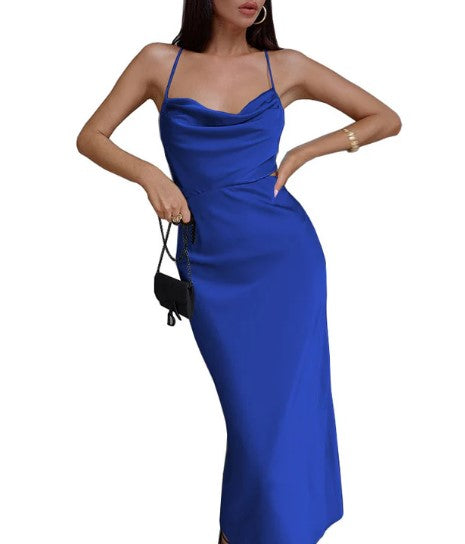 Spaghetti Strap Cowl Neck Side Cut Out Satin Maxi Cocktail Dress - View 3