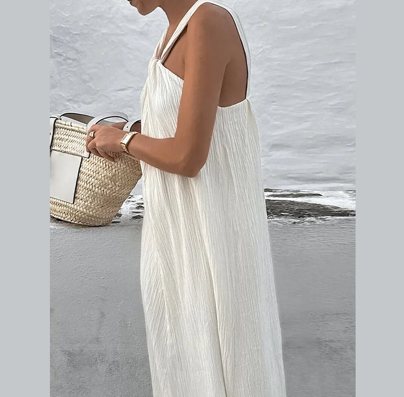 Crinkle Textured Halter Neck Twist Front Sleeveless Flowy Maxi Dress - View 4