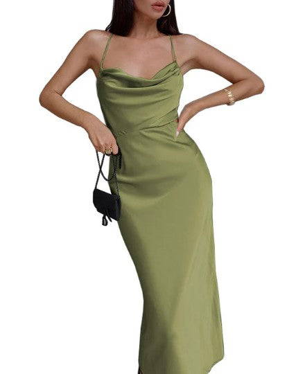 Spaghetti Strap Cowl Neck Satin Slip Bodycon Maxi Dress - View 2